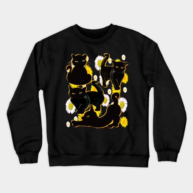 Cat silhouette on top of wildflowers feelings pattern black cats  among dandelions And daisies floral bright flowers Crewneck Sweatshirt by Artonmytee